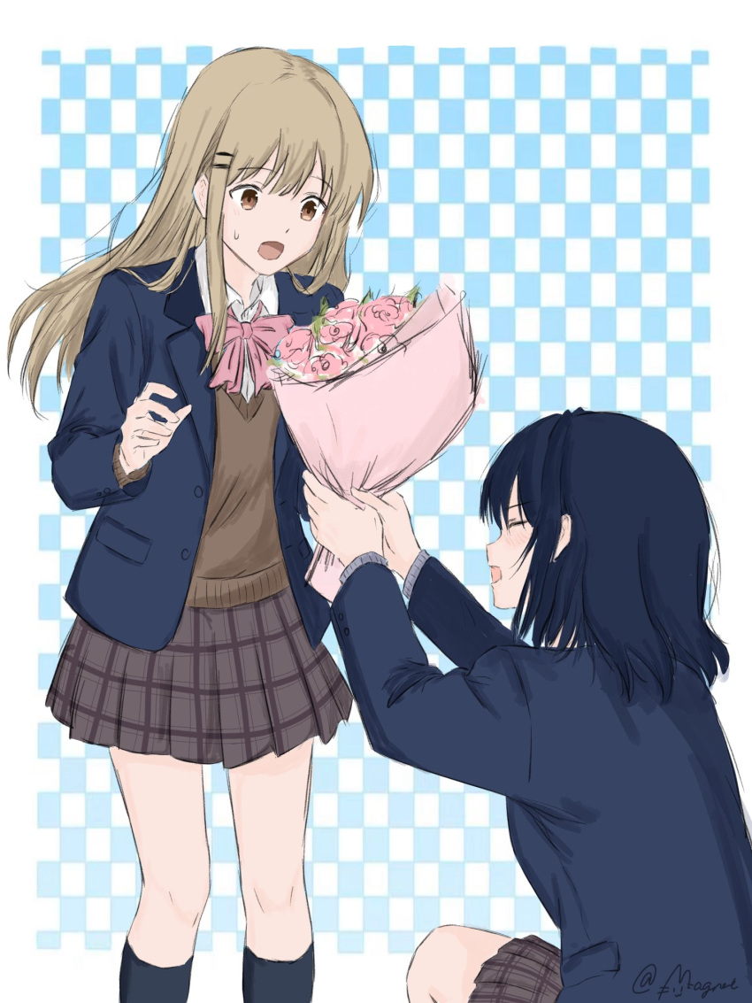 2girls, adachi_sakura, adachi_to_shimamura, artist_name, blue_hair, blue_jacket, border, bouquet, bow, bowtie, brown_hair, brown_sweater, choppy_bangs, collared_shirt, commentary, floating_hair, flower, grey_skirt, grid_background, hair_ornament, hairclip, highres, holding, holding_bouquet, jacket, layered_sleeves, long_hair, long_sleeves, looking_at_another, magnet20231027, medium_hair, miniskirt, multiple_girls, open_clothes, open_jacket, outside_border, parallel_hairclips, pink_bow, pink_bowtie, pink_flower, plaid_clothes, plaid_skirt, pleated_skirt, school_uniform, shimamura_hougetsu, shirt, signature, skirt, small_sweatdrop, standing, straight_hair, surprised, sweater, v-neck, variant_set, white_border, white_shirt, wing_collar, yuri