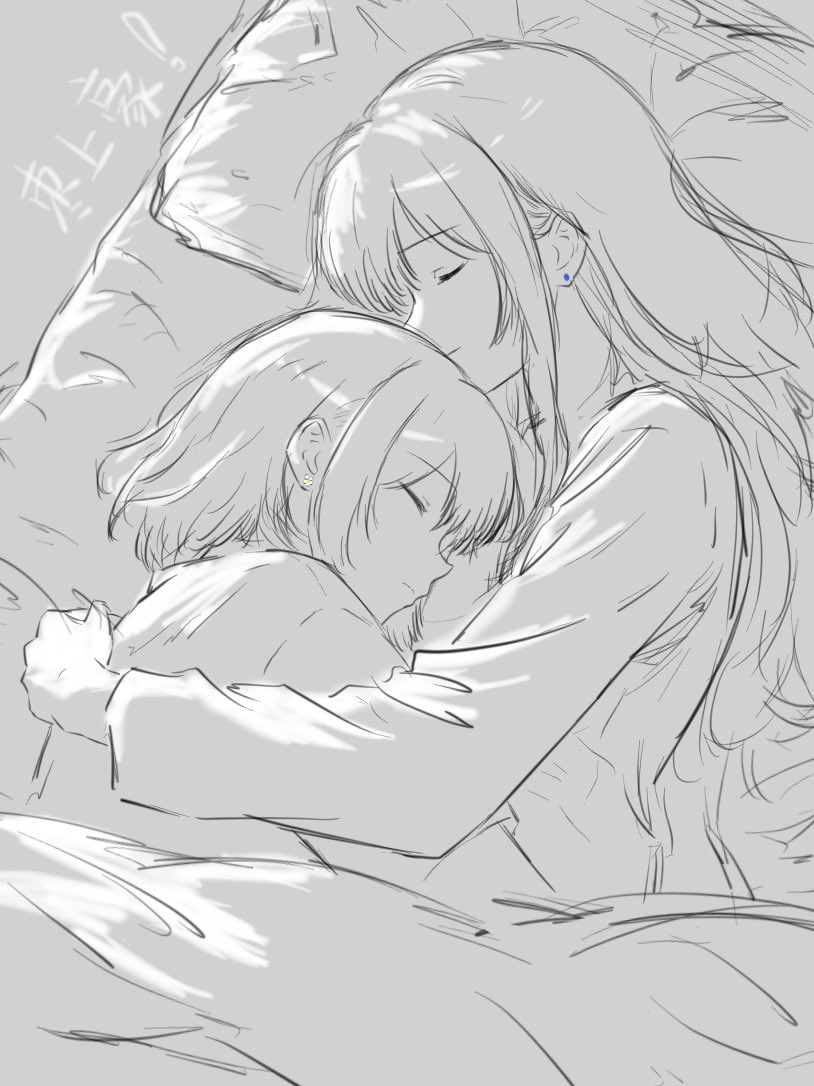 2girls, bob_cut, closed_mouth, commentary, couple, cuddling, english_commentary, greyscale, long_hair, long_sleeves, lying, magnet20231027, miyagi_shiori, monochrome, multiple_girls, on_side, sendai_hazuki, shirt, short_hair, shuuniichido_classmate_wo_kau_hanashi, sketch, sleeping, sleeping_together, under_covers, yuri