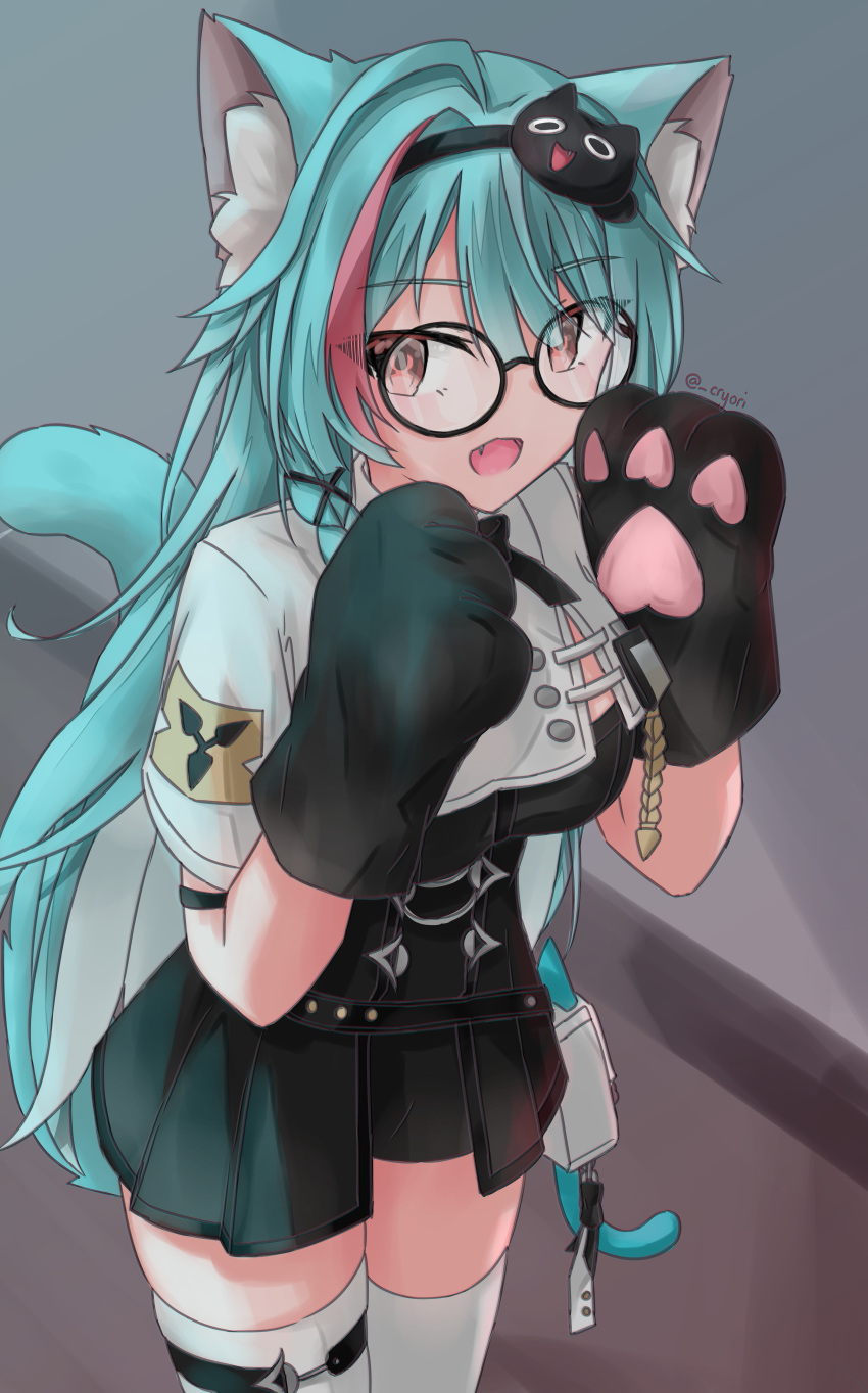 1girl, absurdres, animal_ear_fluff, animal_ears, animal_hands, aqua_hair, black-framed_eyewear, black_bodysuit