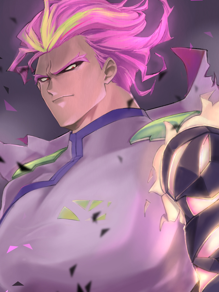 1boy, blonde_streaks, closed_mouth, commentary_request, grey_background, highres, jacket, kray_foresight
