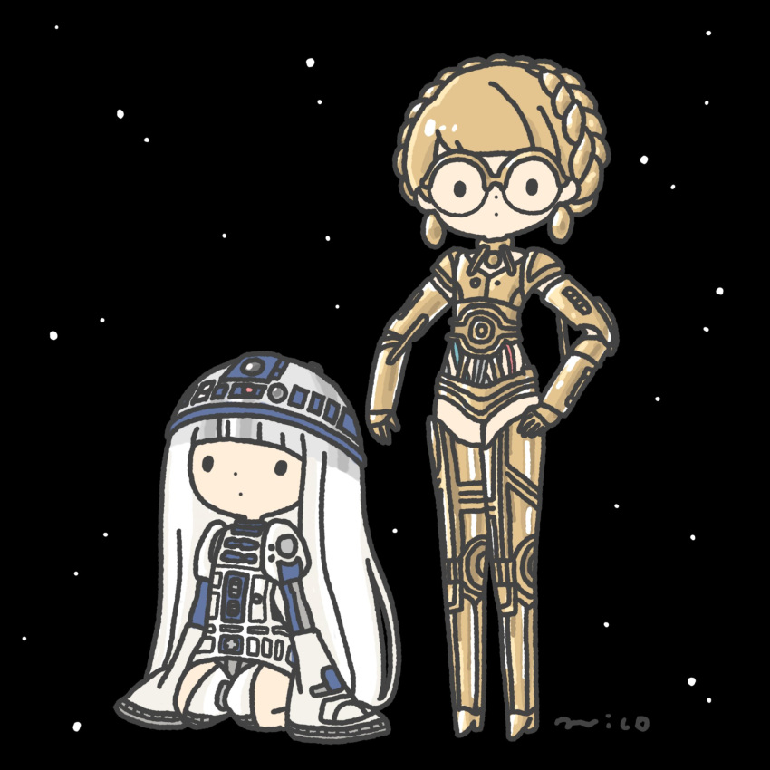 2girls, bespectacled, black_background, black_eyes, blonde_hair, blunt_bangs, braid, c-3po
