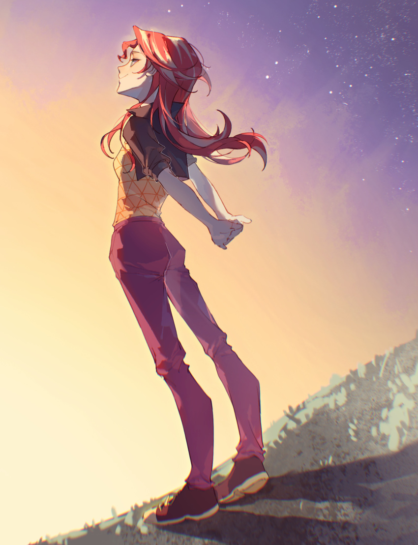 1girl, alternate_skin_color, animification, arms_behind_back, bare_arms, black_jacket, black_shoes, blonde_streaks