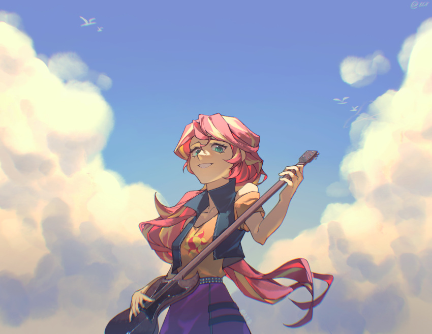 1girl, :d, animification, aqua_eyes, bare_arms, bare_shoulders, belt, bird