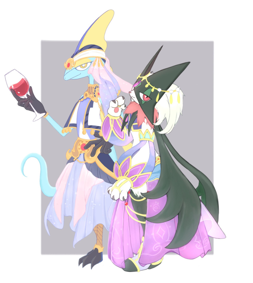 2others, arabian_clothes, blue_skin, blue_skirt, border, bright_pupils, capelet, clothed_pokemon
