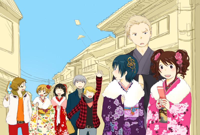 cellphone, hanamura_yousuke, jack_frost, japanese_clothes, jyako_(bara-myu), kimono, kujikawa_rise, kuma_(persona_4)