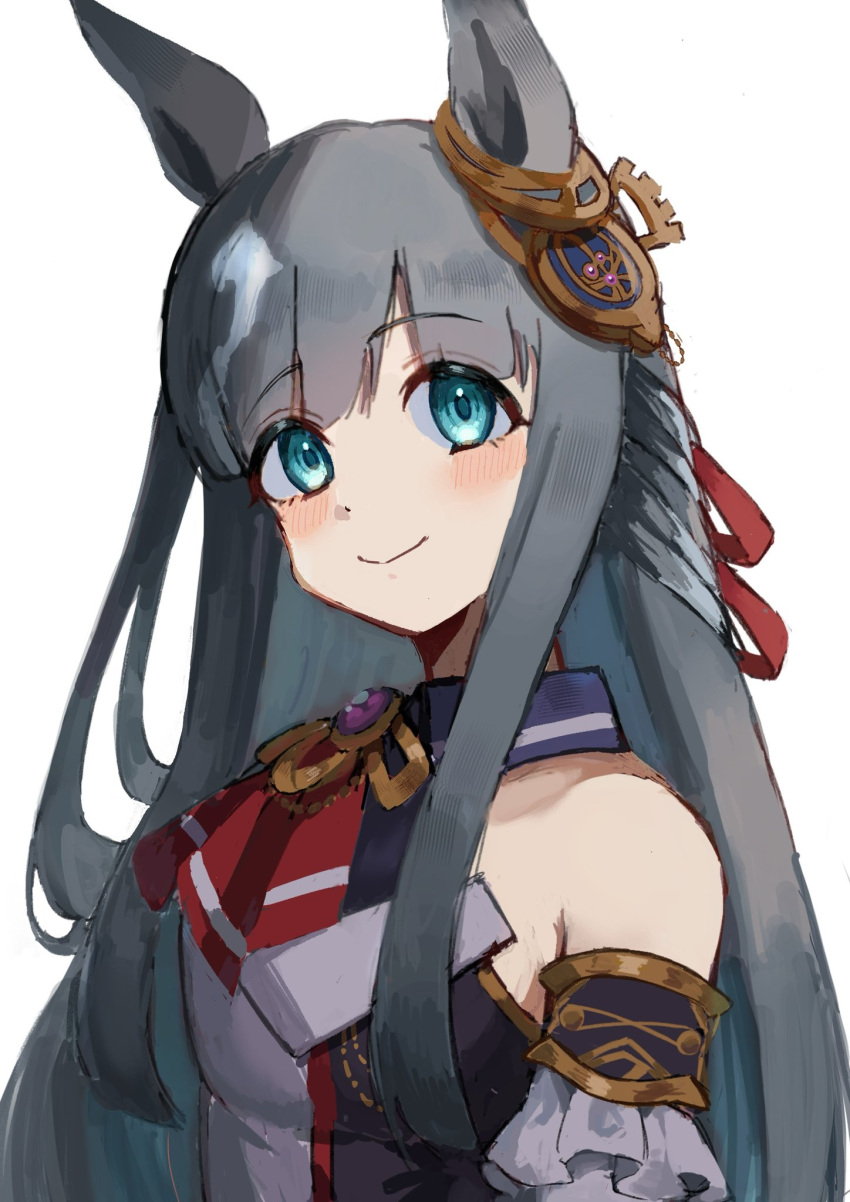 1girl, animal_ears, blue_eyes, blush, breasts, chrono_genesis_(umamusume), closed_mouth, commentary_request