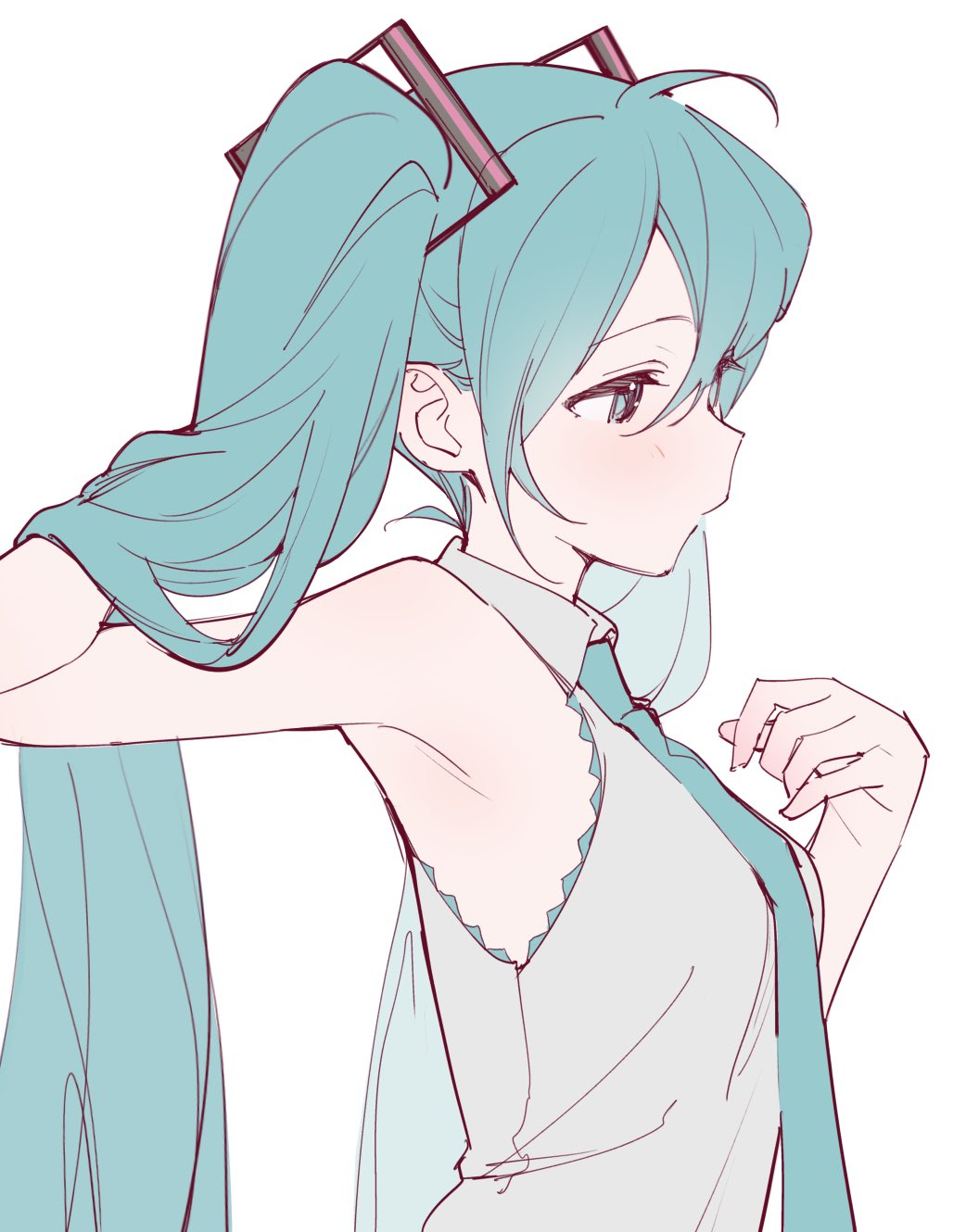 1girl, ahoge, aqua_hair, aqua_necktie, armpits, from_side, hair_between_eyes, hand_in_own_hair