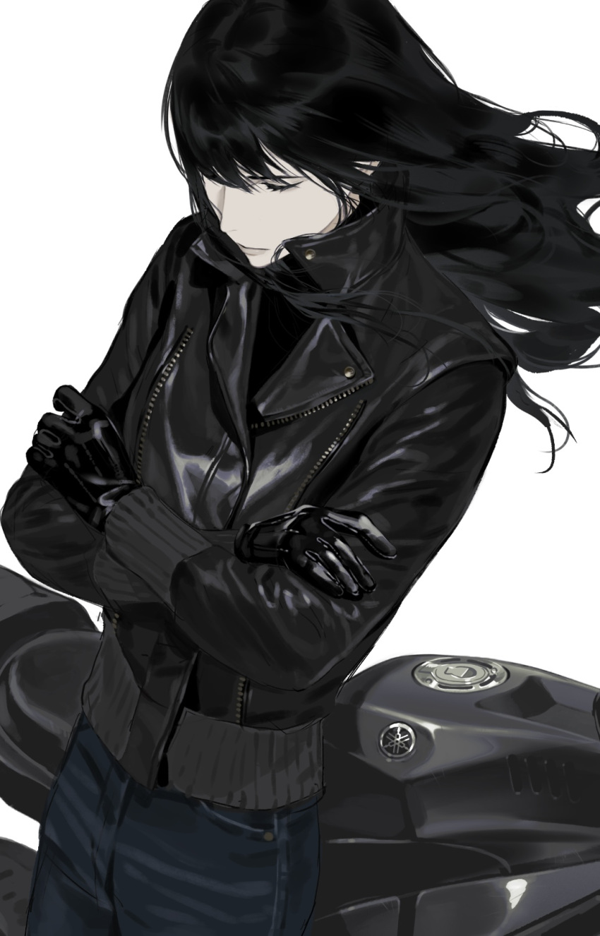 1girl, black_gloves, black_hair, black_jacket, blue_pants, closed_eyes, closed_mouth, commentary