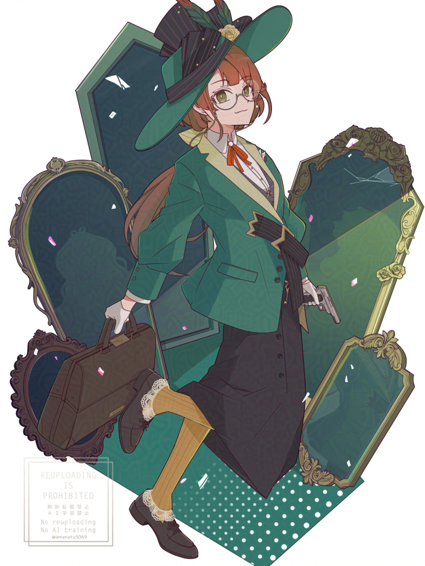 1girl, :3, adversarial_noise, amanatsu_(amanatu5069), bag, black_skirt, brown_bag, brown_hair, brown_shoes, commentary_request, full_body, glasses, gloves, green_eyes, green_hat, green_jacket, gun, handgun, hat, highres, holding, holding_bag, holding_gun, holding_weapon, jacket, kakania_(reverse:1999), leg_up, long_hair, long_skirt, low_ponytail, mirror, neck_ribbon, orange_socks, ponytail, red_ribbon, reverse:1999, ribbon, round_eyewear, shirt, shoes, skirt, socks, solo, walking, watermark, weapon, white_background, white_gloves, white_shirt