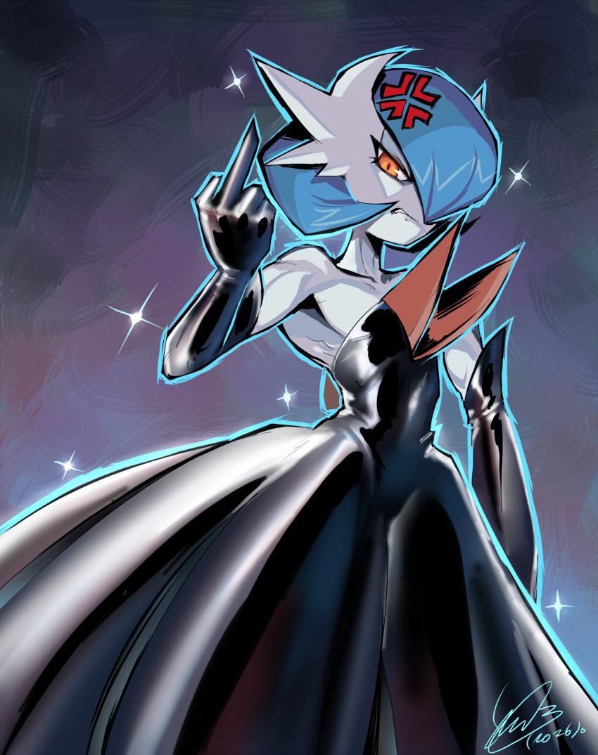 1boy, absurdres, alternate_color, anger_vein, black_dress, black_gloves, blue_hair, bob_cut, colored_skin, commentary, dress, elbow_gloves, english_commentary, f-sonic, gardevoir, gloves, highres, looking_at_viewer, mega_gardevoir, mega_pokemon, middle_finger, orange_eyes, pokemon, pokemon_(creature), shiny_pokemon, signature, sparkle, strapless, strapless_dress, trap, white_skin