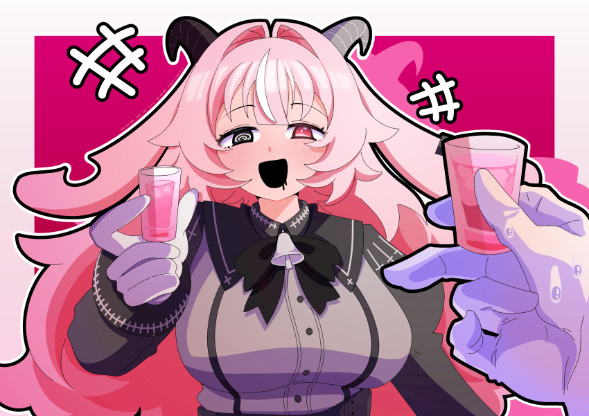 1girl, @_@, absurdres, alcohol, bell_bow, black_bow, black_bowtie, black_dress