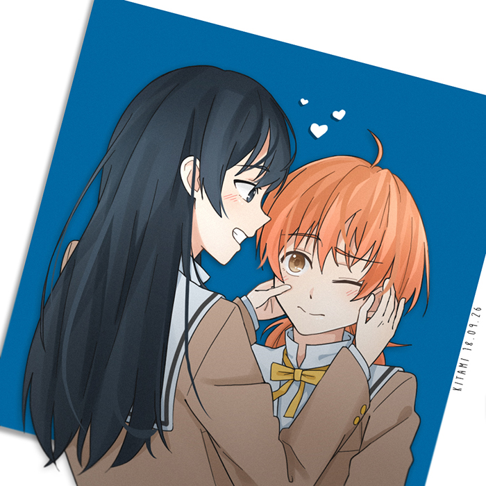 2girls, black_hair, blush, commentary_request, dress, kitamiteo, koito_yuu, long_hair