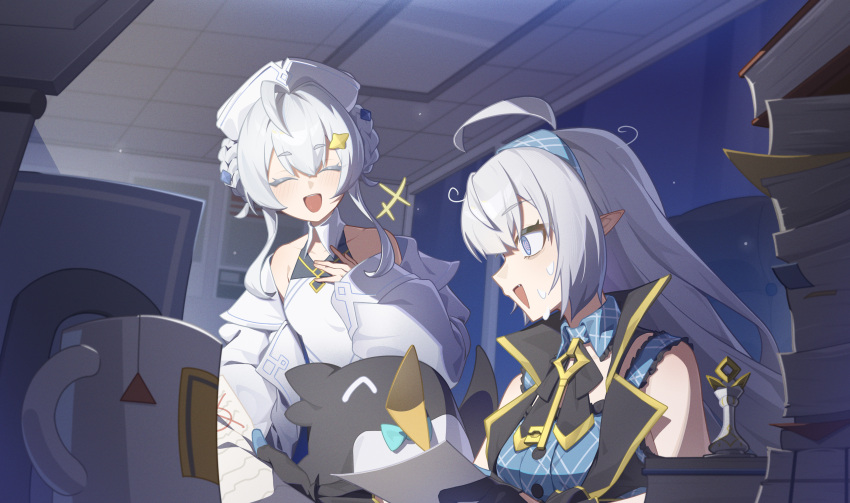 2girls, :d, @_@, absurdres, ahoge, bare_shoulders, bastelina_(stella_sora), black_gloves, blue_eyes, blue_hairband, book, chinese_commentary, closed_eyes, cloxiu, commentary_request, cup, english_commentary, female_tyrant_(stella_sora), gloves, grey_hair, hairband, hat, highres, holding, holding_paper, indoors, key, long_sleeves, mixed-language_commentary, mug, multiple_girls, open_mouth, paper, pointy_ears, sherlock_(stella_sora), smile, stella_sora, tyrant_(stella_sora), white_hat