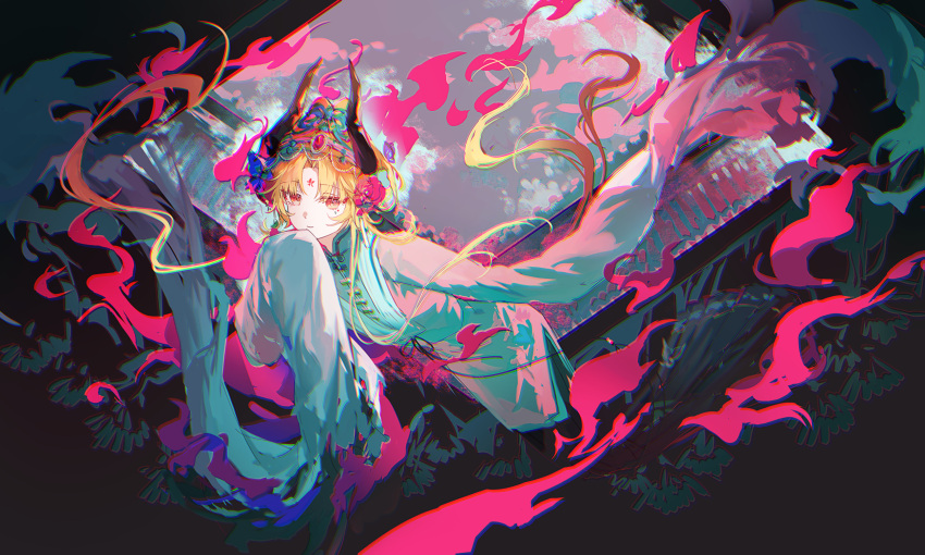 1girl, aoqun, arknights, black_background, black_skirt, blonde_hair, chinese_clothes, facial_mark