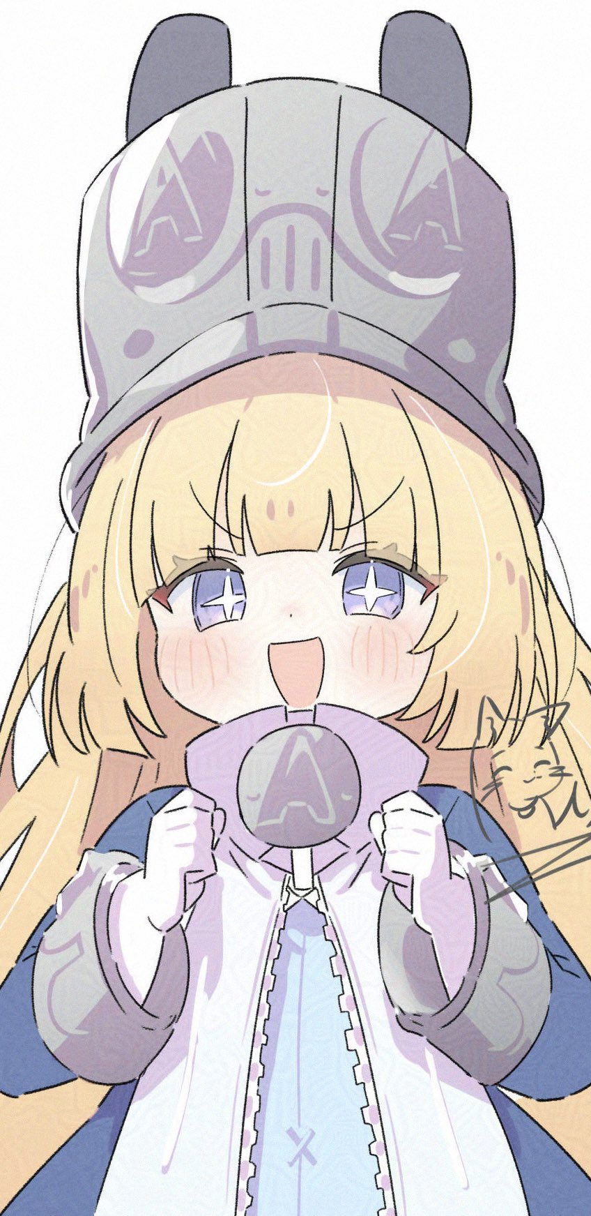 +_+, 1girl, blonde_hair, blue_eyes, blue_jacket, blush, clenched_hands, commentary_request
