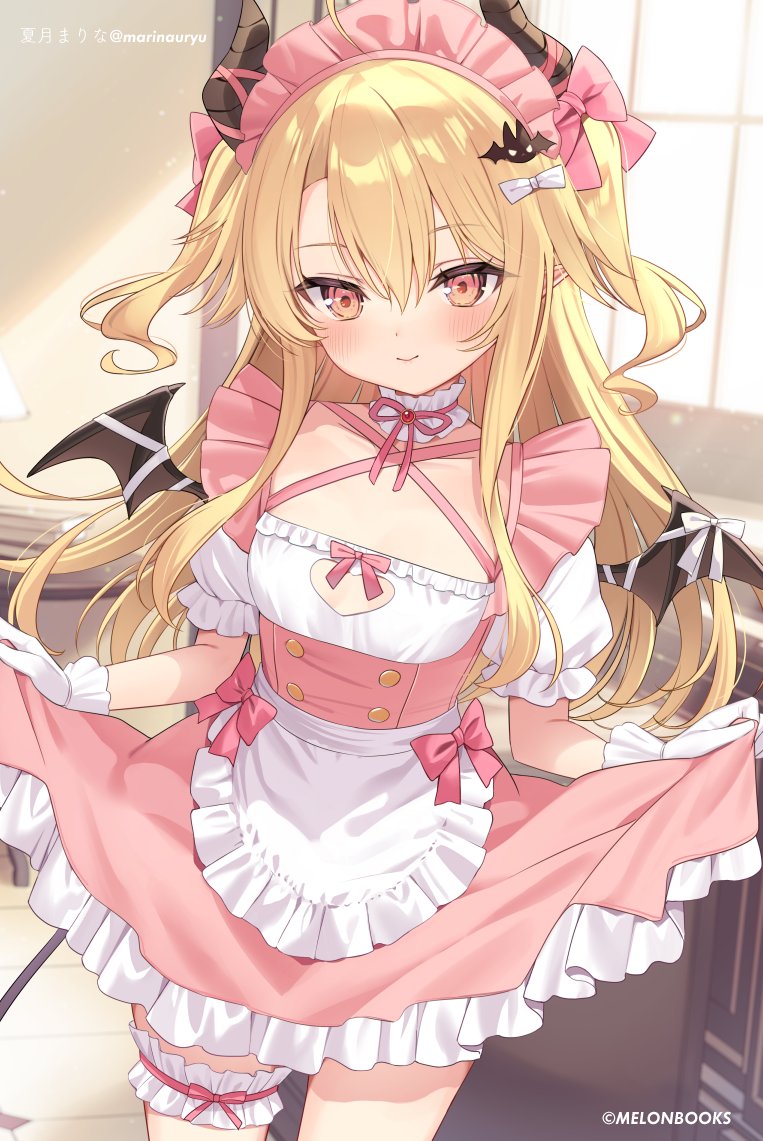 1girl, bat_hair_ornament, black_horns, blonde_hair, blurry, blurry_background, blush, bow