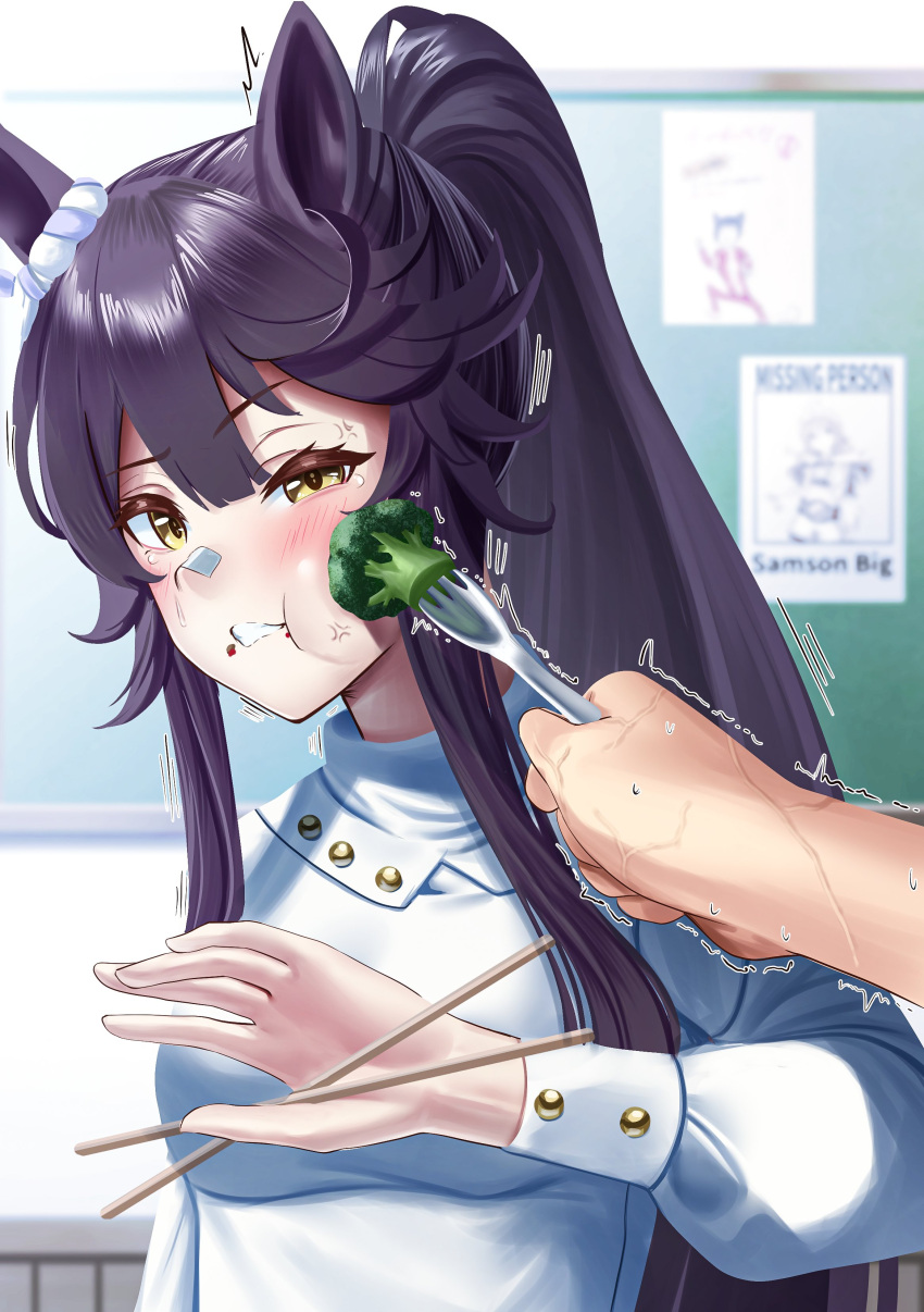 1girl, 1other, absurdres, anger_vein, animal_ears, bandaid, bandaid_on_face, bandaid_on_nose