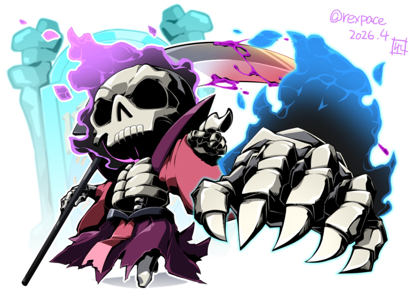 chibi, chibi_only, commentary_request, dated, fire, flaming_skull, holding, holding_scythe