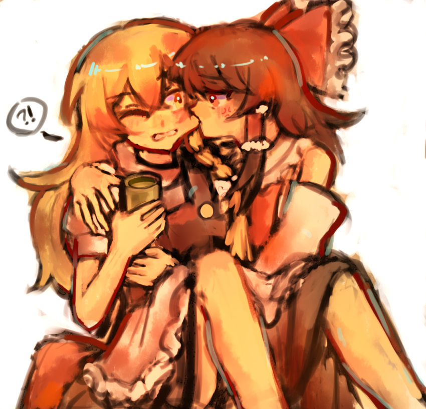 !?, 2girls, anger_vein, angry, apron, ascot, biting, biting_cheek, black_skirt, black_vest, blonde_hair, blush, bow, braid, brown_hair, chinese_commentary, commentary_request, detached_sleeves, frilled_bow, frilled_hair_tubes, frills, hair_bow, hair_tubes, hakurei_reimu, kirisame_marisa, long_hair, missing_headwear, mowuze, multiple_girls, one_eye_closed, open_mouth, puffy_short_sleeves, puffy_sleeves, red_bow, red_eyes, red_skirt, short_sleeves, side_braid, single_braid, sitting, sitting_on_lap, sitting_on_person, skirt, skirt_set, spoken_interrobang, touhou, vest, waist_apron, white_apron, white_bow, yellow_ascot, yellow_eyes, yuri