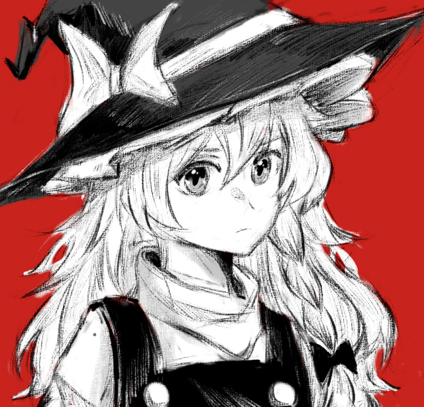 1girl, bow, braid, closed_mouth, commentary_request, greyscale_with_colored_background, hair_bow, hat