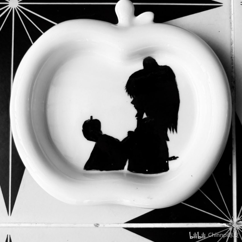 1girl, apple, artist_name, bad_apple!!, bilibili_watermark, bow, chinese_commentary, chinnpi