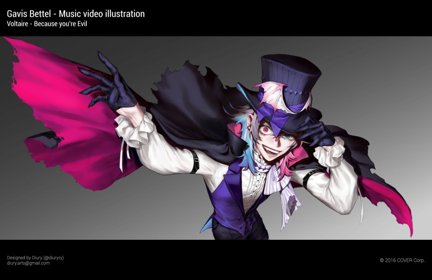 1boy, absurdres, alternate_costume, bat_wings, black_gloves, black_hat, blue_eyes, blue_hair, cape, commentary, copyright_notice, crazy_eyes, diury, english_commentary, english_text, evil_smile, fang, frilled_sleeves, frills, gavis_bettel, gloves, grey_background, grey_hair, hand_on_headwear, hat, heterochromia, high_collar, highres, holostars, holostars_english, letterboxed, male_focus, medium_hair, multicolored_hair, official_art, open_mouth, pink_eyes, pink_hair, purple_vest, scarf, shirt, sleeve_belt, smile, solo, top_hat, torn_cape, torn_clothes, two-sided_cape, two-sided_fabric, upper_body, vest, white_scarf, white_shirt, winged_hat, wings