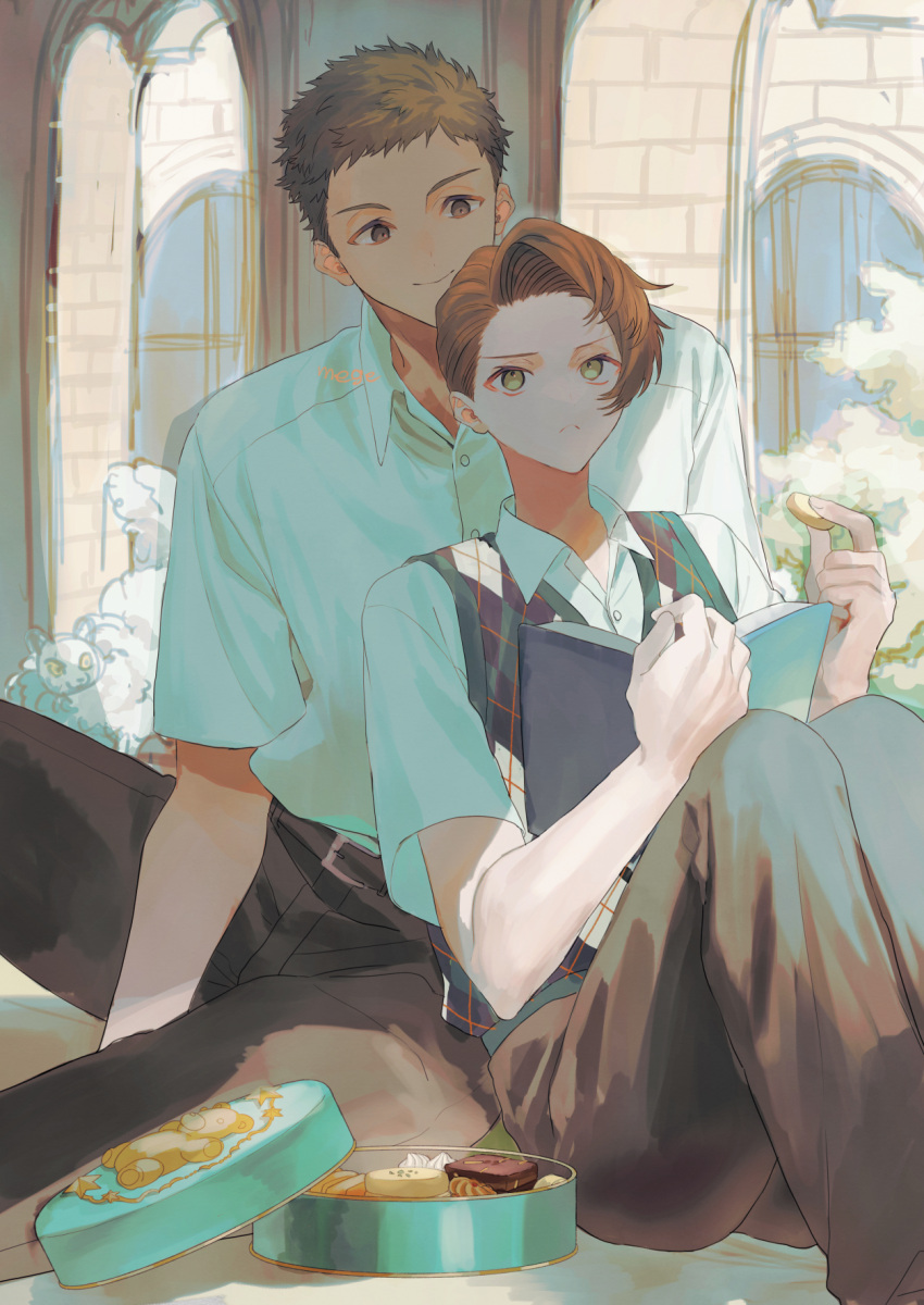 2boys, artist_name, belt, black_eyes, black_pants, book, collared_shirt, commentary_request