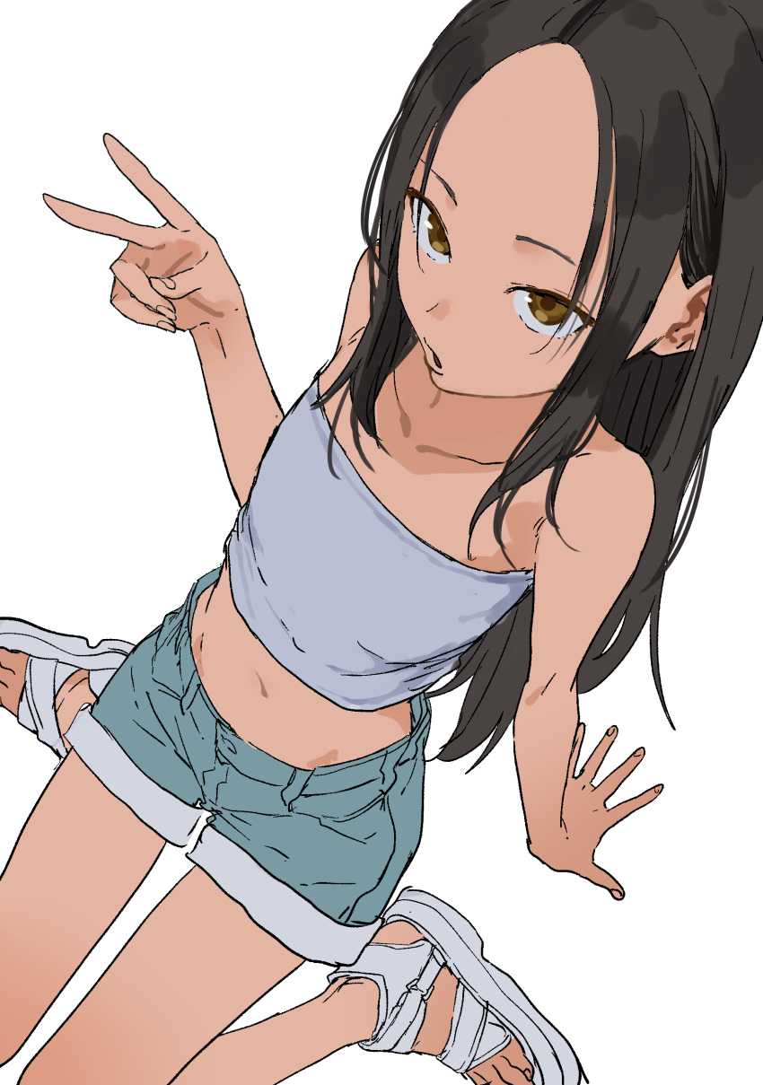 1girl, absurdres, arm_support, arm_up, bare_shoulders, black_hair, brown_eyes, commentary_request