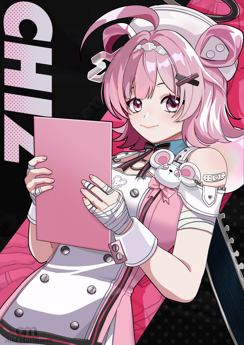1girl, absurdres, ahoge, amimarisame, bandaged_hand, bandages, bandaid, bandaid_on_shoulder, black_background, character_name, chiz_(neverness_to_everness), closed_mouth, dress, hair_ornament, highres, looking_at_viewer, neverness_to_everness, pink_eyes, pink_hair, short_hair, smile, solo, white_dress, x_hair_ornament