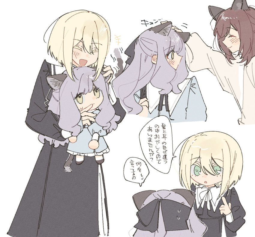 3girls, animal_ears, black_bow, black_hair, blonde_hair, blue_eyes, blue_hair, blush