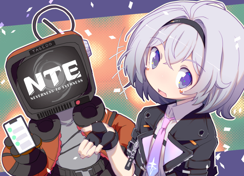 1girl, 1other, black_gloves, black_jacket, blue_eyes, cellphone, collared_shirt, commentary_request, fingerless_gloves, gloves, grey_hair, headphones, headphones_around_neck, highres, holding, holding_phone, jacket, looking_at_viewer, male_esper_zero_(neverness_to_everness), necktie, neverness_to_everness, phone, purple_necktie, shirt, smartphone, smile, solo, white_shirt, yoshi_(crossmind)