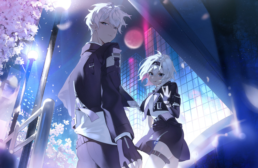 1boy, 1girl, absurdres, black_gloves, black_jacket, black_pants, black_skirt, cherry_blossoms, commentary_request, cropped_jacket, female_esper_zero_(neverness_to_everness), fingerless_gloves, gloves, grey_eyes, highres, jacket, looking_at_viewer, male_esper_zero_(neverness_to_everness), neverness_to_everness, onigiri_(122359088), pants, shirt, short_hair, skirt, thigh_strap, white_hair, white_shirt