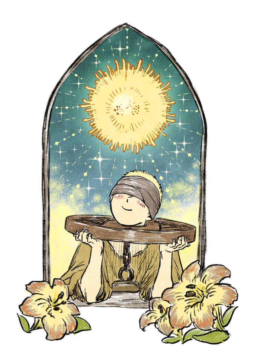 2boys, absurdres, arched_window, blindfold, blonde_hair, blush_stickers, brother_corhyn_(elden_ring), chain