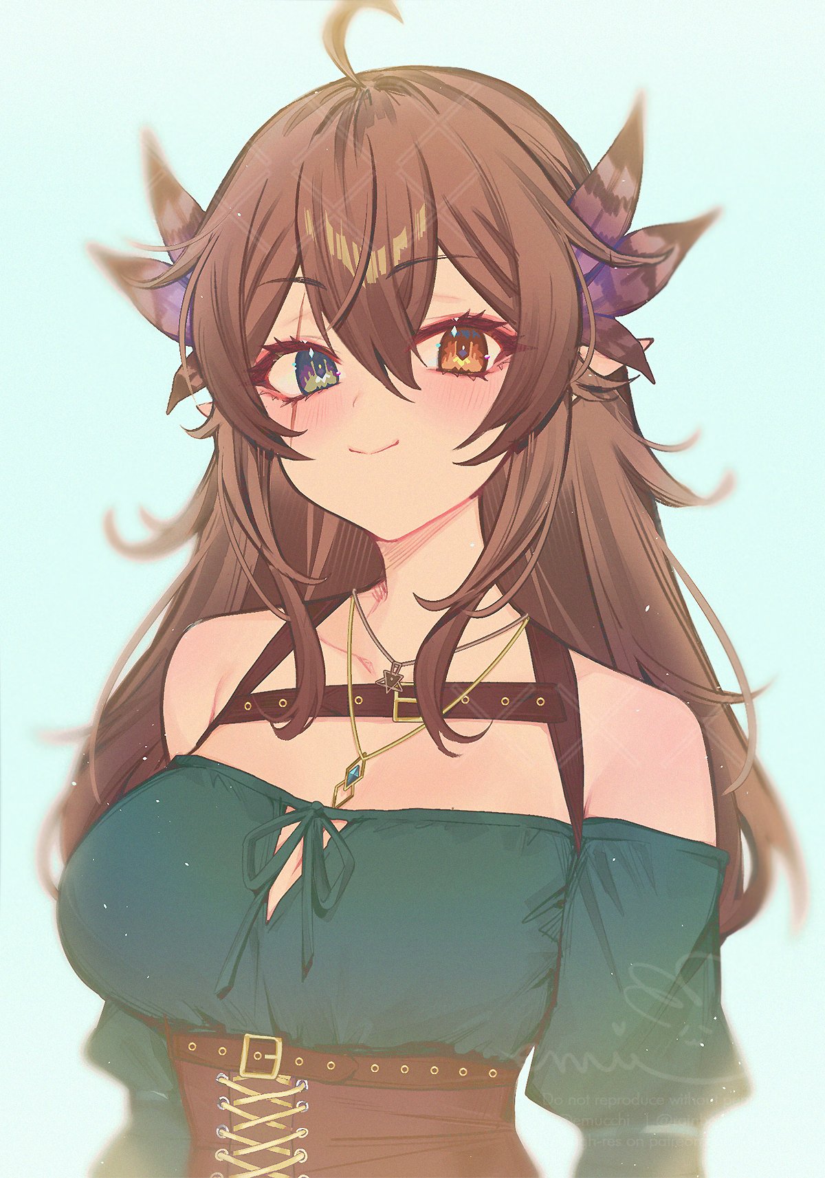 1girl, ahoge, bird_girl, blush, brown_feathers, brown_hair, chest_harness, closed_mouth