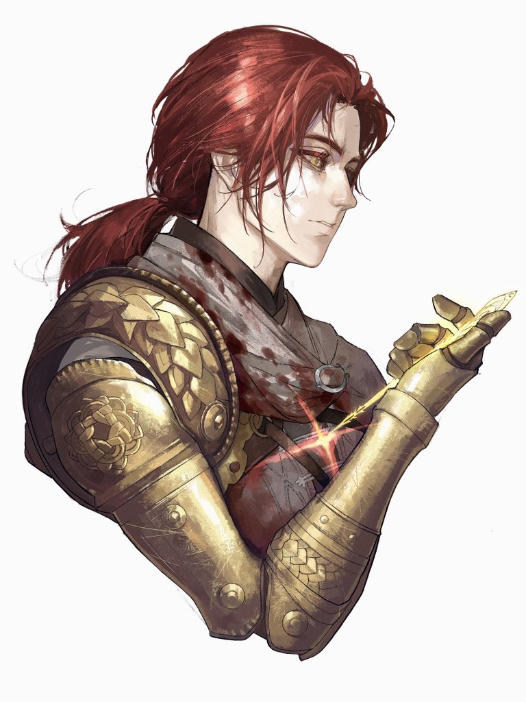 1girl, amputee, blood, blood_on_clothes, brooch, commentary, cropped_torso, curtained_hair