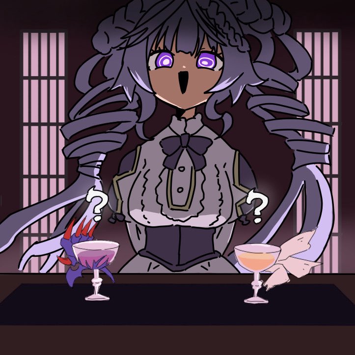 1girl, black_bow, black_corset, bow, commentary_request, corset, donut_hair_bun, double_bun, drill_hair, duel_monster, hair_bun, mrimoritkg, pukey_goddess_shot_trick, purple_hair, selettrice_vaalmonica, violet_eyes, yu-gi-oh!