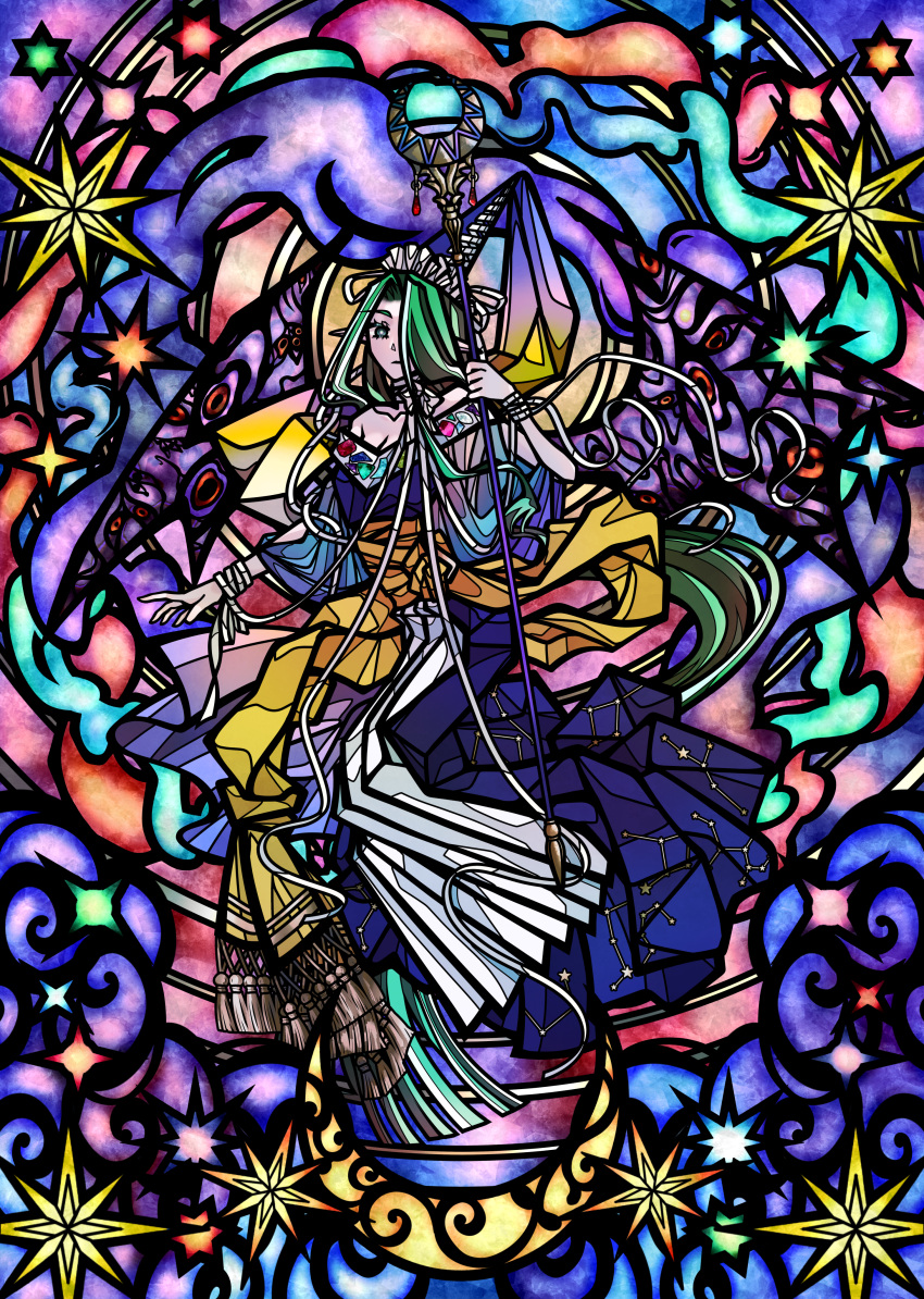 1girl, absurdres, alternate_costume, blue_hat, commentary_request, constellation_print, crescent, dress