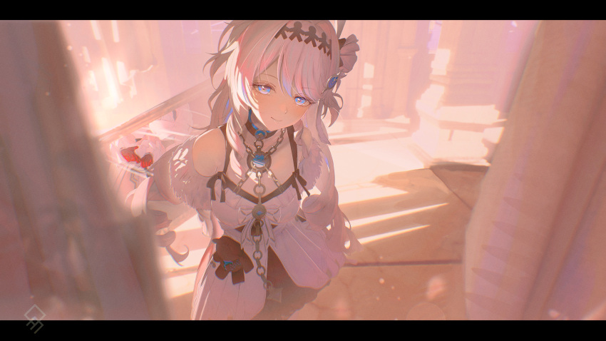 1girl, absurdres, artist_logo, bare_shoulders, blue_eyes, breasts, closed_mouth, commentary, denia_(wuthering_waves), dress, english_commentary, hair_ornament, highres, letterboxed, logo, long_hair, looking_at_viewer, medium_breasts, pink_hair, qurami, smile, solo, white_dress, wuthering_waves