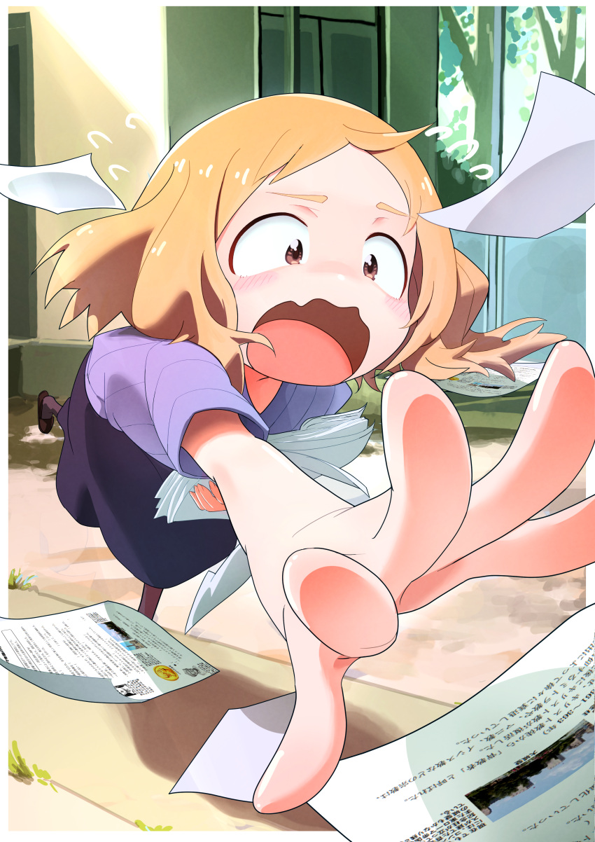 1girl, :o, absurdres, amanatsu_konami, black_shoes, blonde_hair, commentary_request, foreshortening