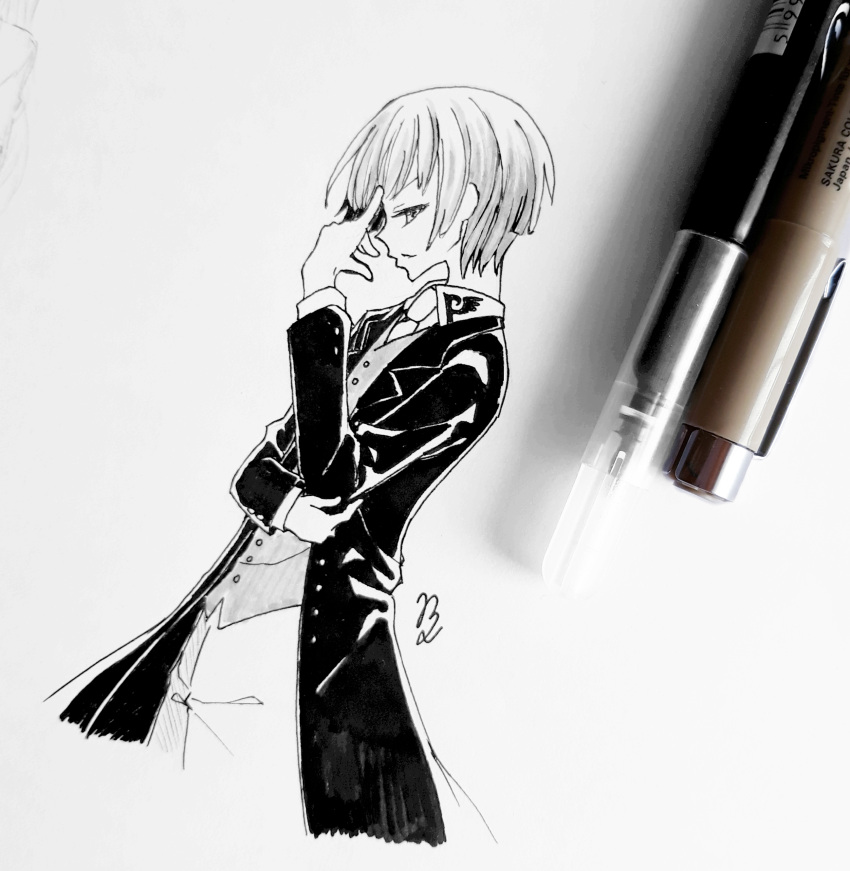 1girl, absurdres, art_program_in_frame, buttons, coat, collared_shirt, commentary, cowboy_shot