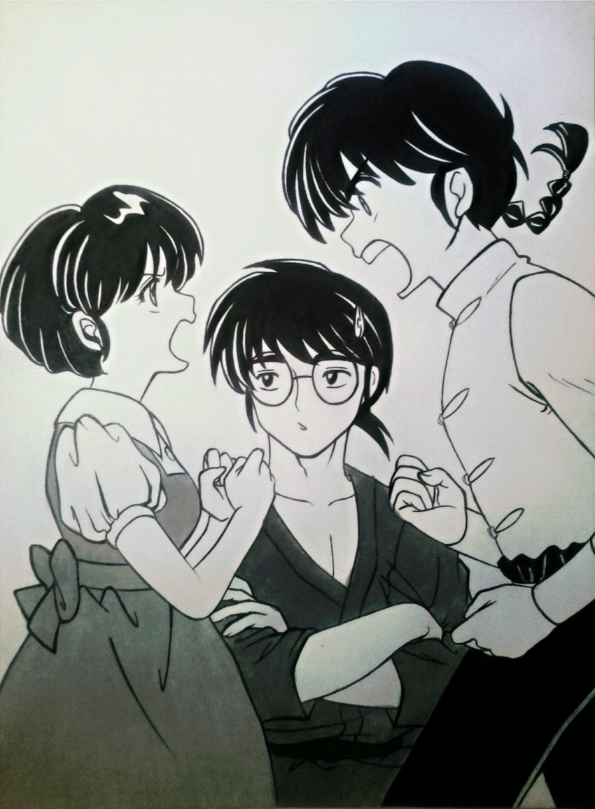 1girl, 2boys, absurdres, braid, chinese_clothes, collarbone, commentary, crossed_arms, fanfiction_available, fuurinkan_high_school_uniform, greyscale, highres, monochrome, multiple_boys, ono_toufuu, pants, pectoral_cleavage, pectorals, penbagu, photo_(medium), ranma_1/2, round_eyewear, saotome_ranma, school_uniform, shirt, short_hair, single_braid, sleeveless, sleeveless_shirt, sweatdrop, tendou_akane, traditional_media, untranslatable_commentary