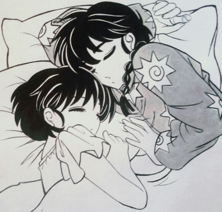 1boy, 1girl, braid, closed_eyes, closed_mouth, commentary, fanfiction_available, frilled_shirt