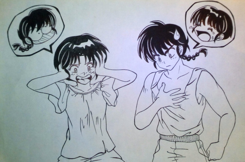 1boy, 1girl, ^_^, blush, body_switch, braid, closed_eyes, closed_mouth, collarbone, commentary, fanfiction_available, flying_teardrops, frilled_shirt, frills, full-face_blush, greyscale, hand_on_own_chest, hands_on_own_cheeks, hands_on_own_face, highres, monochrome, penbagu, personality_switch, photo_(medium), ranma_1/2, saotome_ranma, saotome_ranma_(male), shirt, short_hair, single_braid, sweatdrop, tank_top, tendou_akane, traditional_media, untranslatable_commentary, v-shaped_eyebrows, wide-eyed