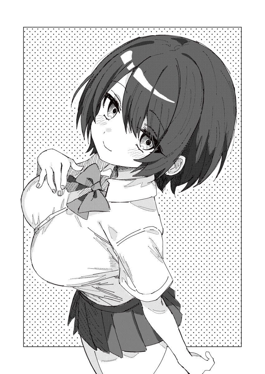 1girl, absurdres, blush, border, bow, bowtie, breasts, closed_mouth