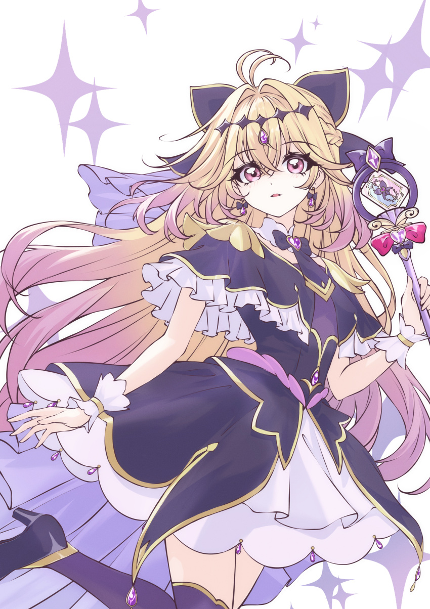 1girl, absurdres, antenna_hair, black_bow, black_dress, black_necktie, blonde_hair, bow