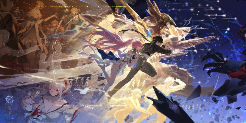 1boy, 1girl, absurdres, adoptive_parent_and_adoptive_child, aemeath_(wuthering_waves), aleph-1_(wuthering_waves), bare_shoulders, black_gloves