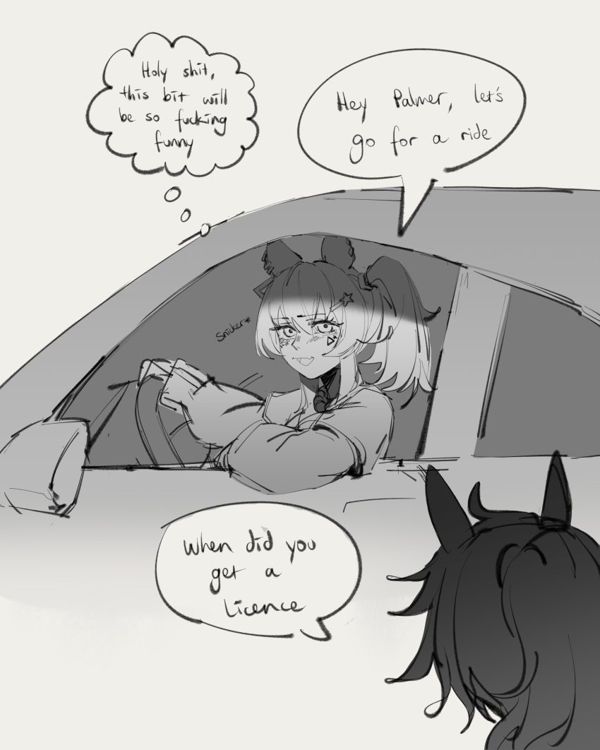 2girls, absurdres, animal_ears, car, daitaku_helios_(umamusume), greyscale, highres, horse_ears