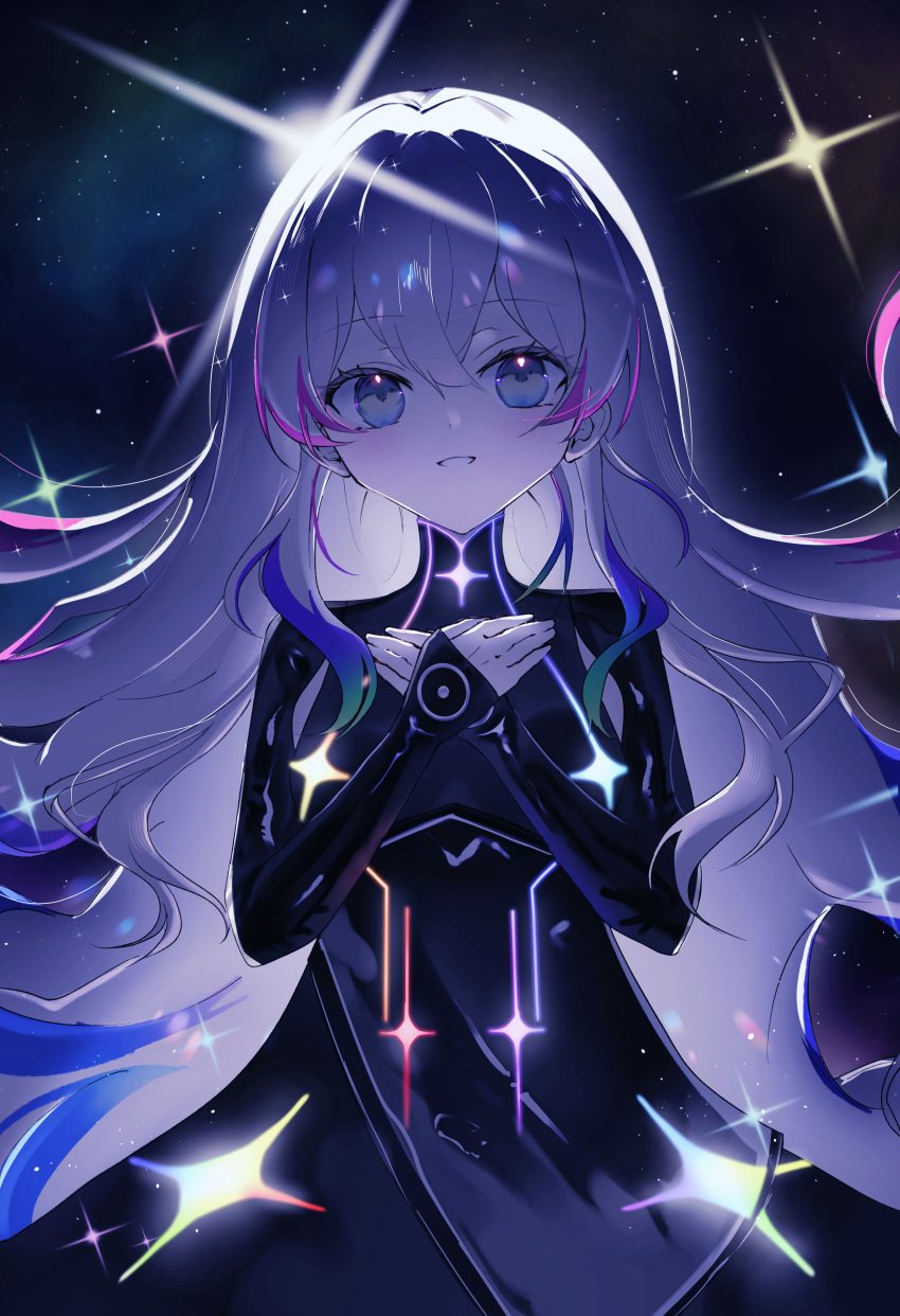 +_+, 1girl, absurdres, black_dress, blue_hair, blush, chunithm, collarbone, constellation, diffraction_spikes, dress, glint, hair_between_eyes, hands_on_own_chest, highres, ixia_(chunithm), long_hair, long_sleeves, looking_at_viewer, multicolored_hair, night, parted_lips, pink_hair, shooting_star, sky, smile, solo, space, sparkle, sparkle_background, sparkling_eyes, star-shaped_pupils, star_(sky), star_(symbol), starry_sky, starry_sky_print, symbol-shaped_pupils, tears, tsukune_ekaki, two-tone_hair, very_long_hair