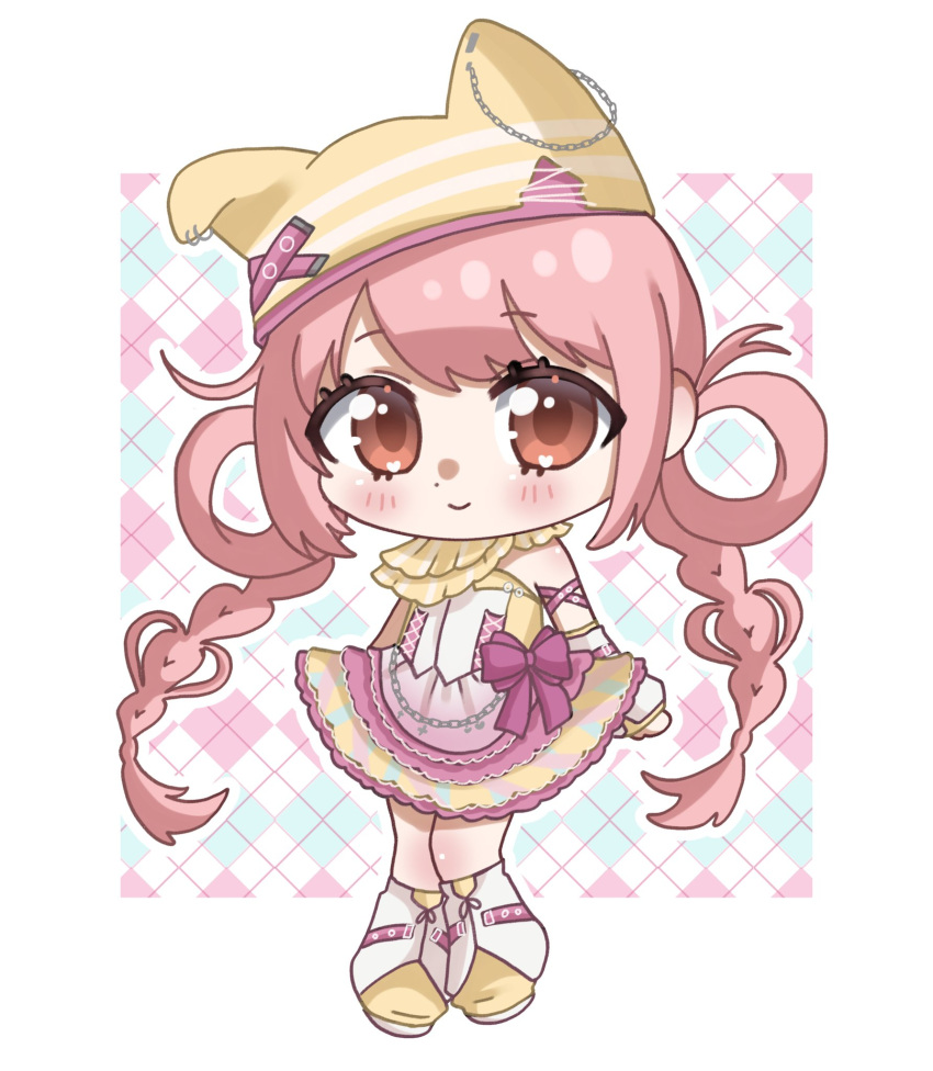 1girl, animal_ear_headwear, animal_ear_piercing, animal_ears, apron, argyle_background, arm_belt, arm_warmers