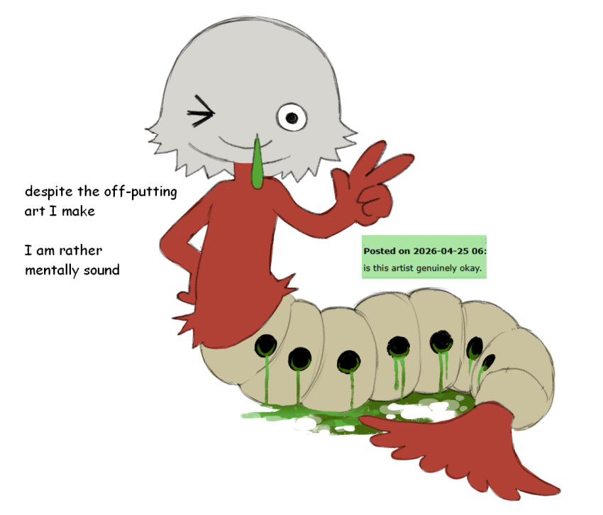 black_eyes, closed_mouth, comment, creature, creature_focus, english_text, grey_fur, jejejunum, looking_at_viewer, one_eye_closed, original, red_fur, rule34.xxx, simple_background, smile, snot, solo, v, white_background